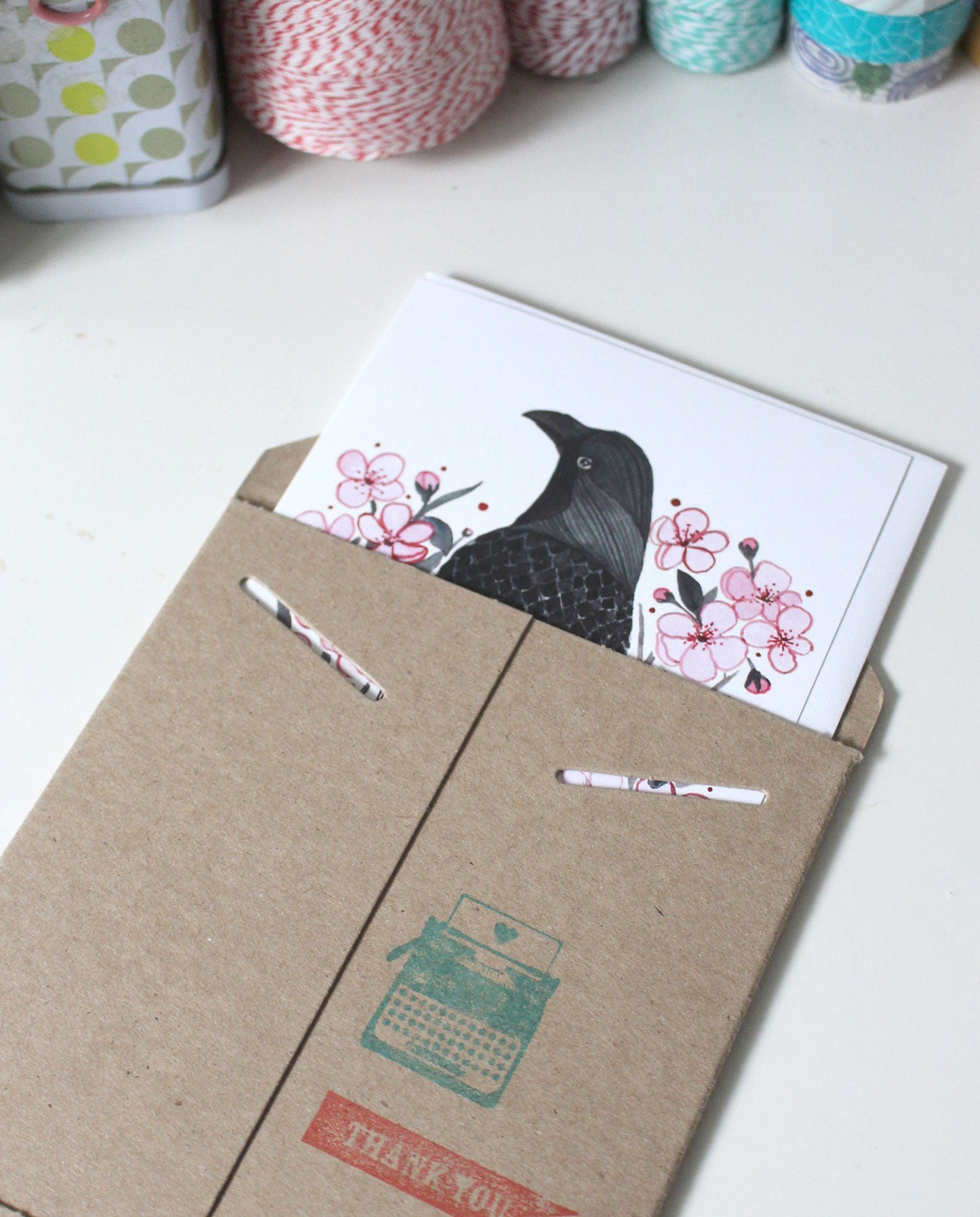 Crow and Cherry Blossoms Greeting Card - Spring Note Card