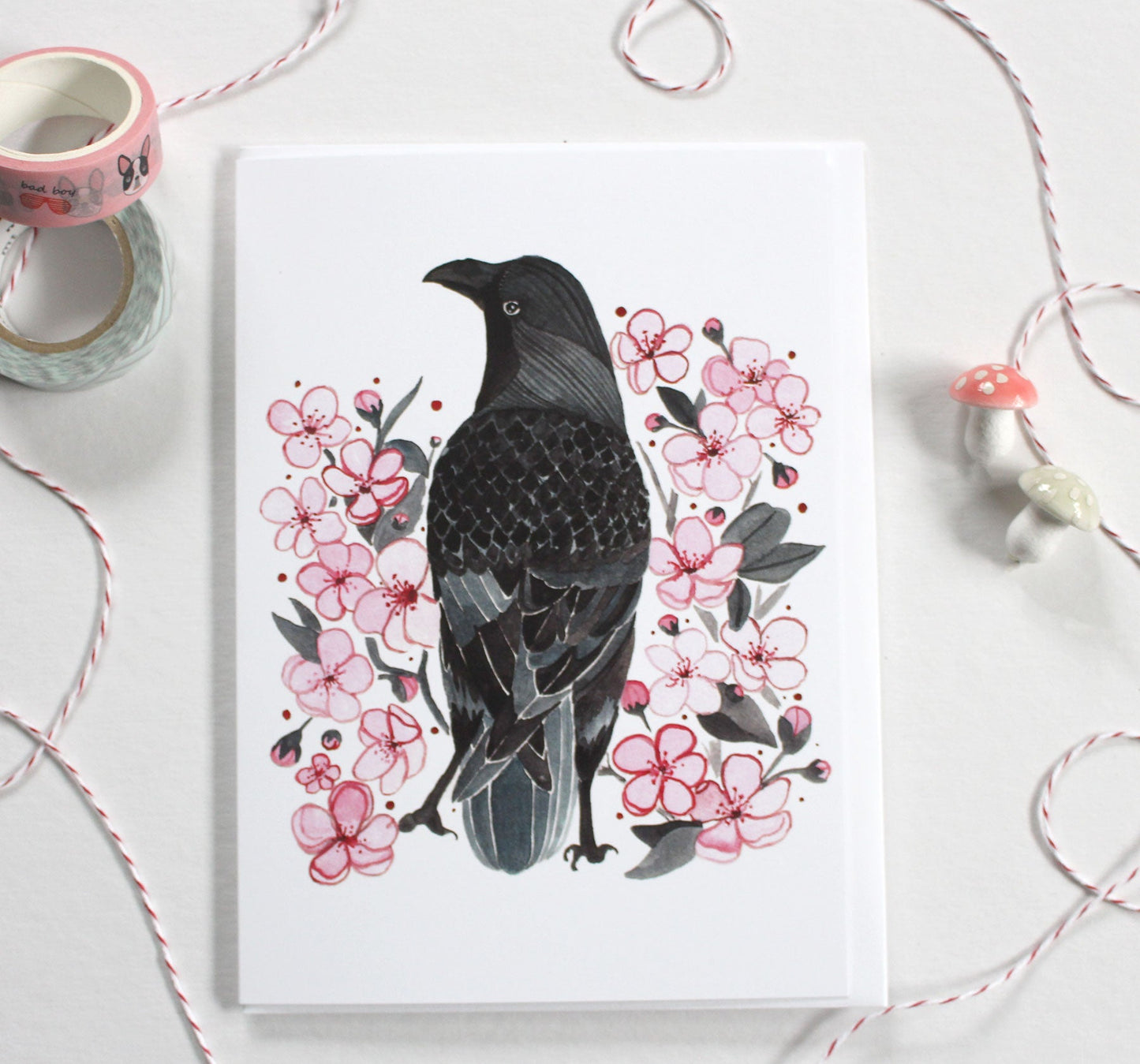 Crow and Cherry Blossoms Greeting Card - Spring Note Card