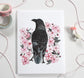 Crow and Cherry Blossoms Greeting Card - Spring Note Card