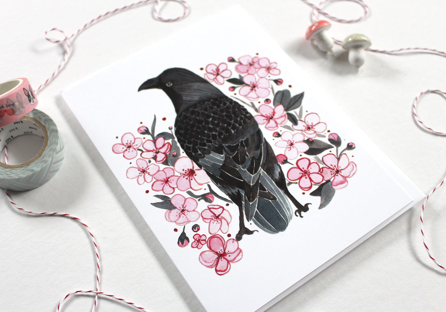 Crow and Cherry Blossoms Greeting Card - Spring Note Card