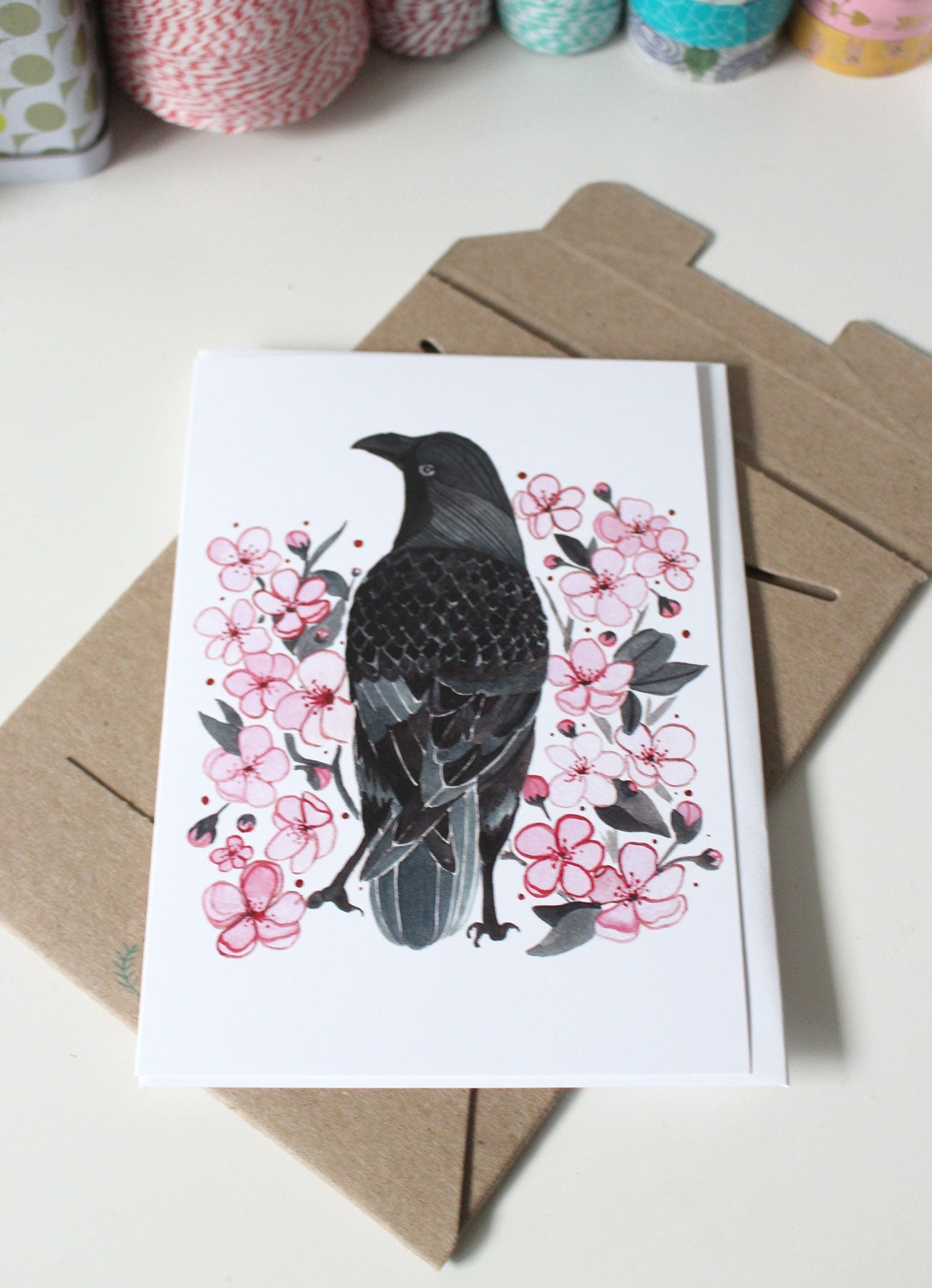 Crow and Cherry Blossoms Greeting Card - Spring Note Card