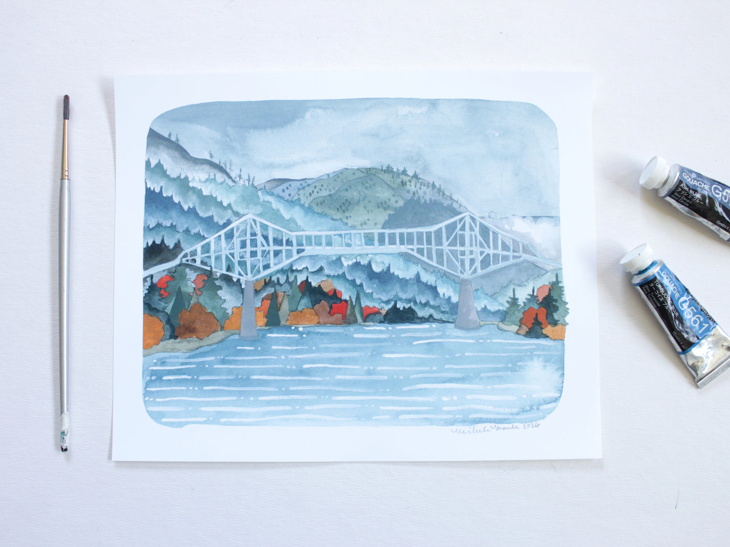 Columbia River Gorge Illustrated Print of the Bridge of the Gods