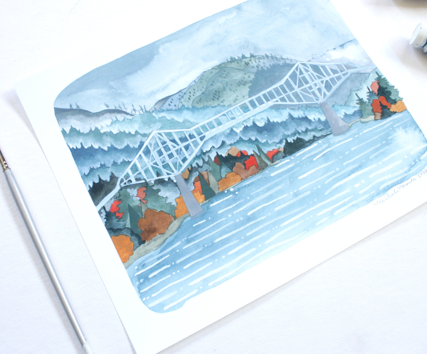 Columbia River Gorge Illustrated Print of the Bridge of the Gods
