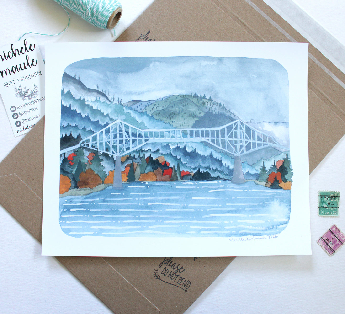 Columbia River Gorge Illustrated Print of the Bridge of the Gods