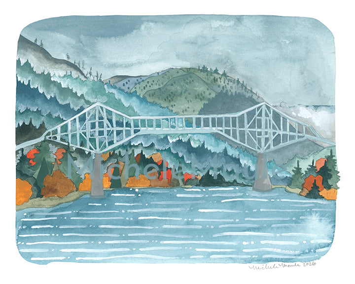 Columbia River Gorge Illustrated Print of the Bridge of the Gods