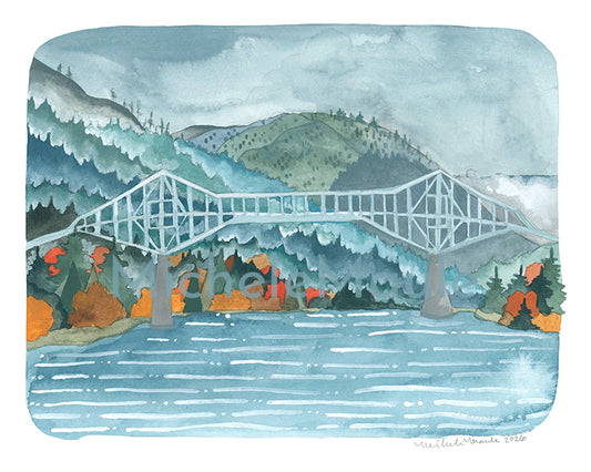 Columbia River Gorge Illustrated Print of the Bridge of the Gods