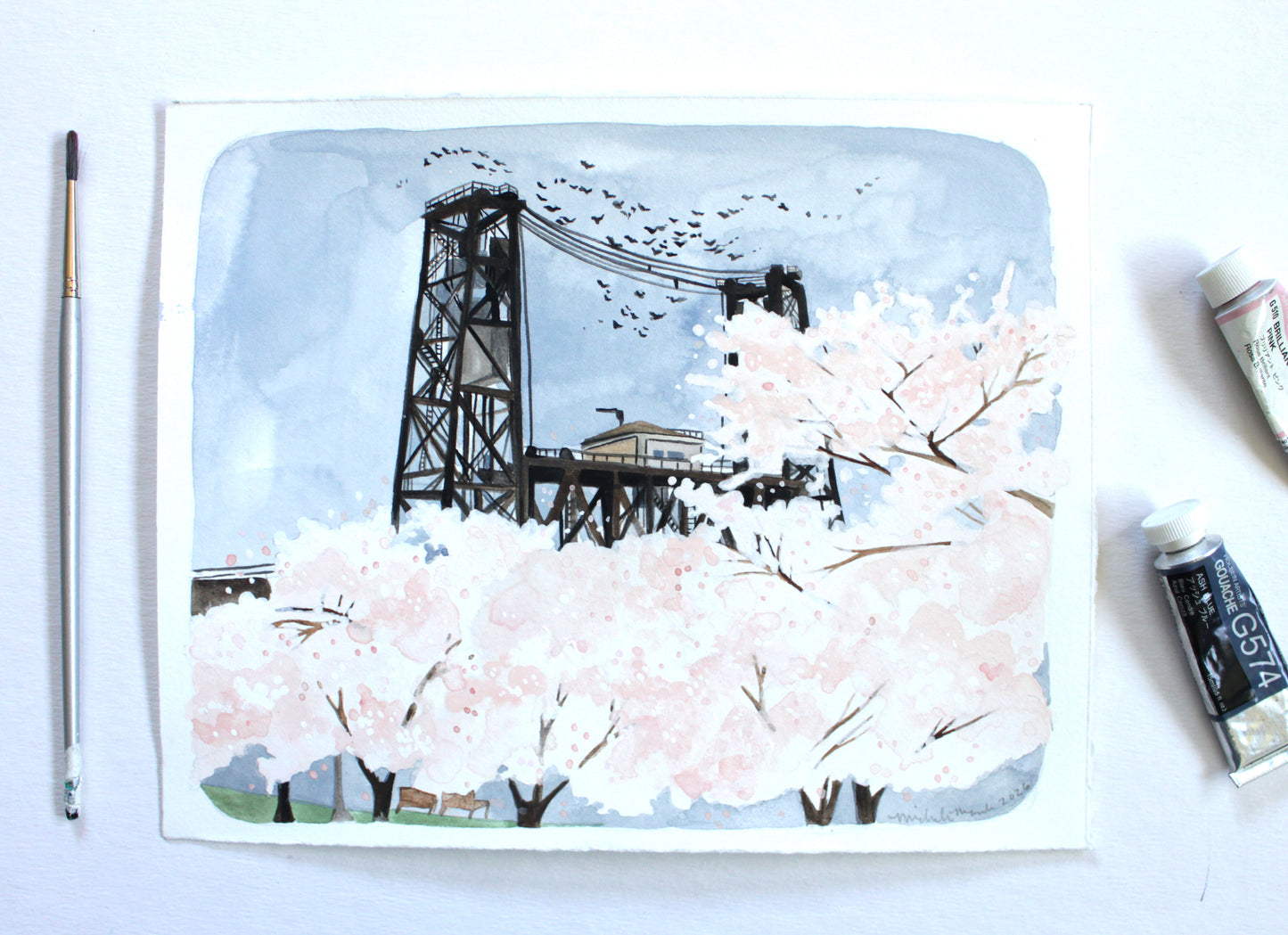 Portland Oregon Painting Steel Bridge with Cherry Blossoms