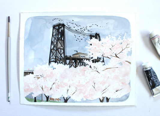 Portland Oregon Painting Steel Bridge with Cherry Blossoms