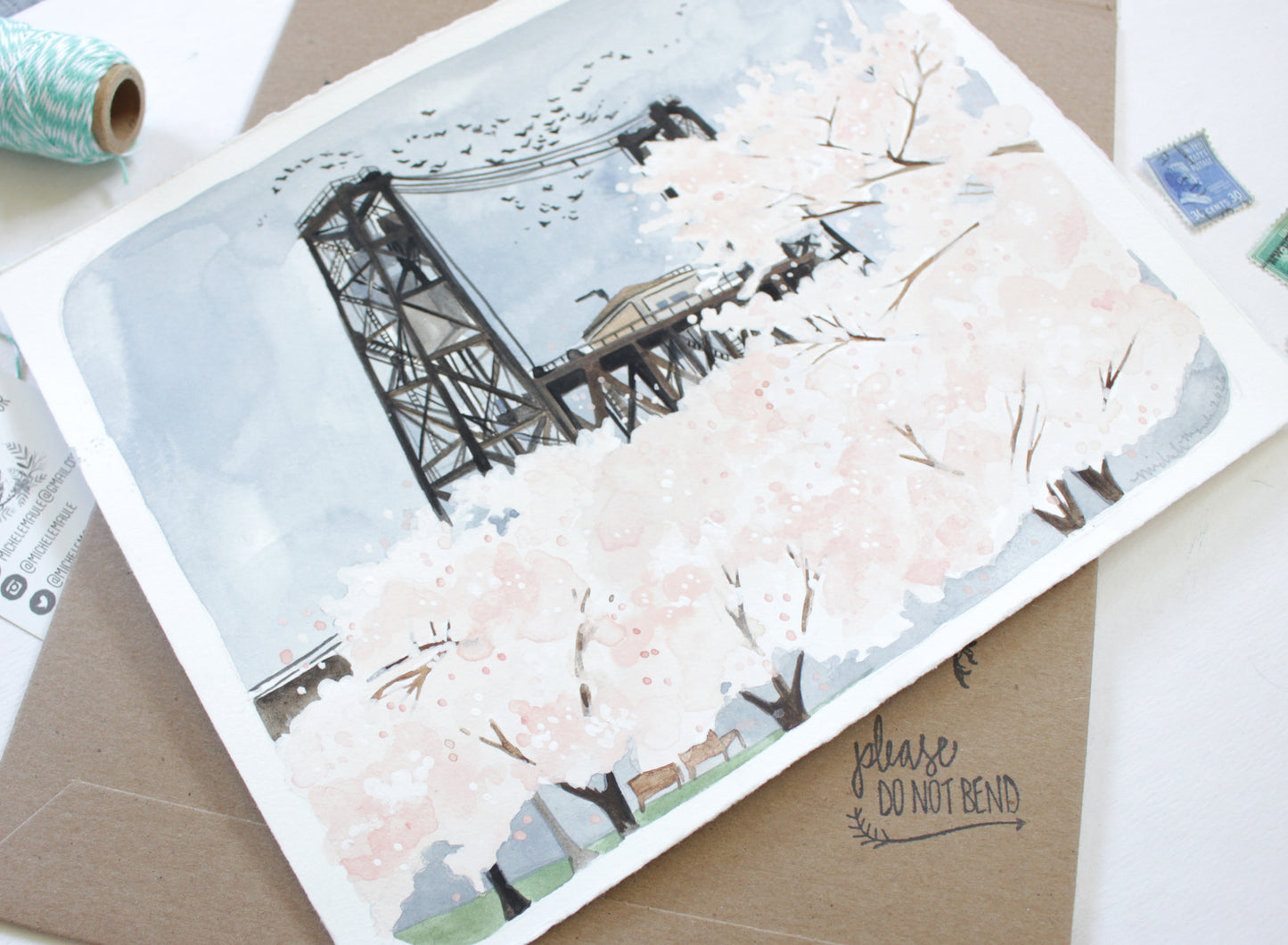 Portland Oregon Painting Steel Bridge with Cherry Blossoms