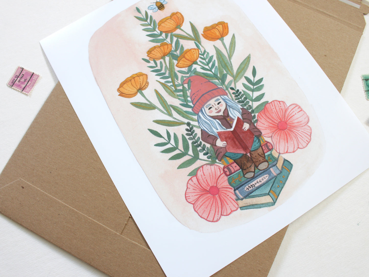 Illustrated Garden Gnome Reading a Book in her Garden 8x10 Art Print