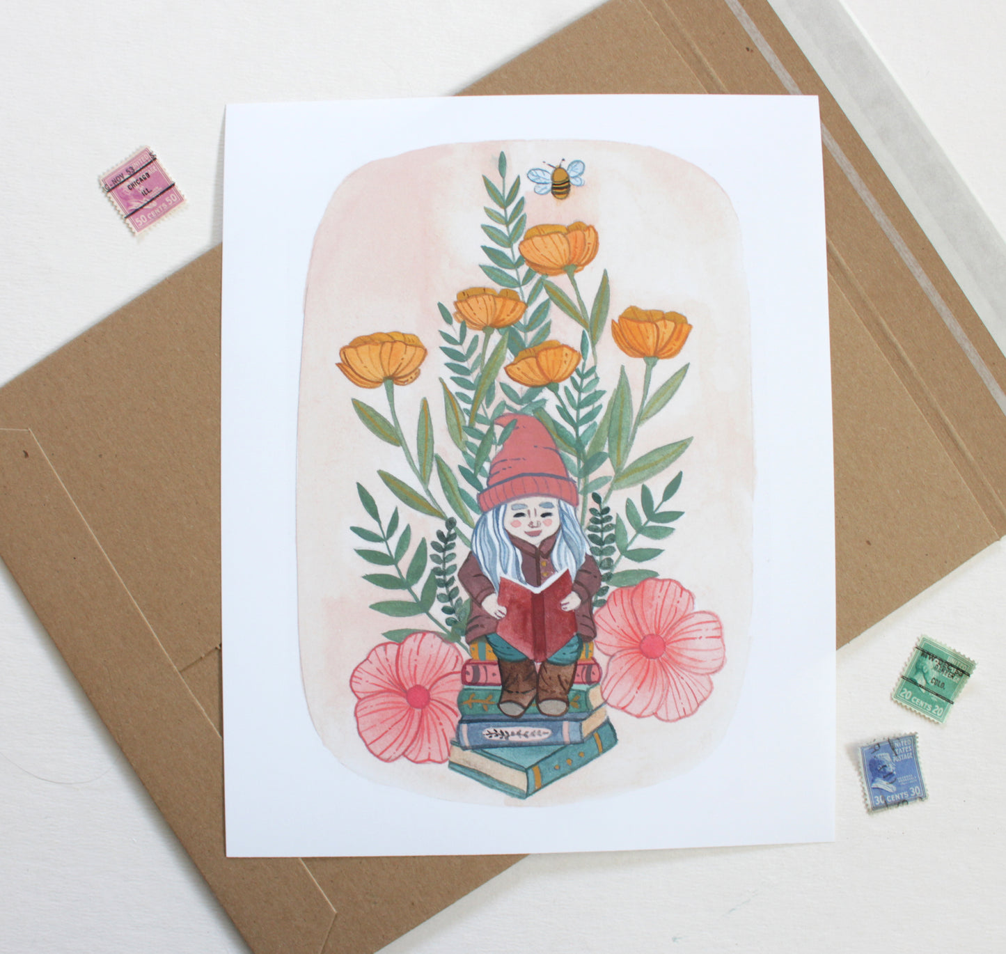 Illustrated Garden Gnome Reading a Book in her Garden 8x10 Art Print