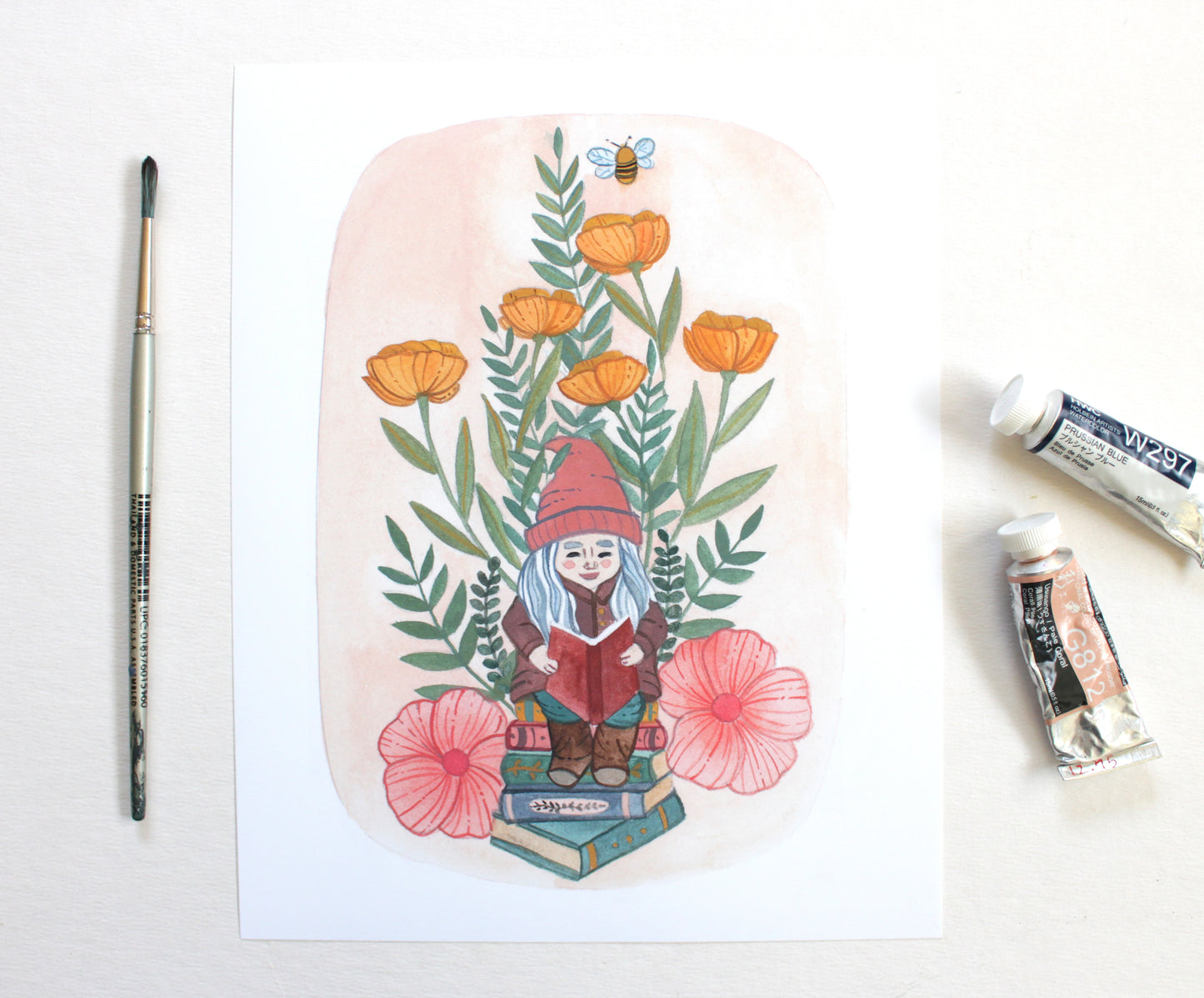 Illustrated Garden Gnome Reading a Book in her Garden 8x10 Art Print