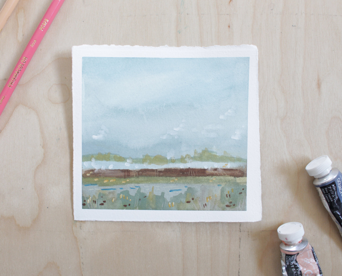 Lush Green Landscape Original Gouache Painting