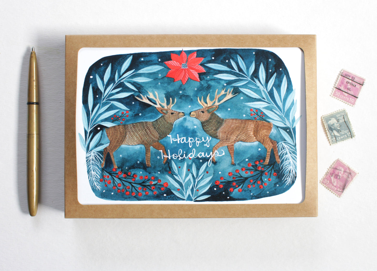 Happy Holidays Winter Deer Greeting Card Set