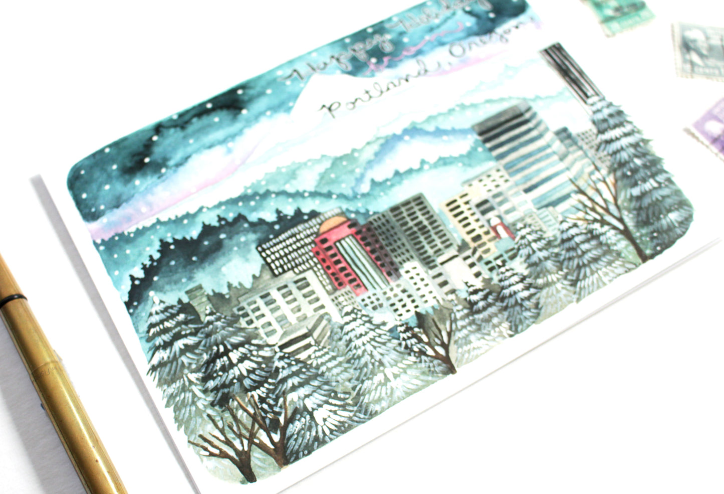 Portland Oregon Holiday Card: City Skyline Illustration