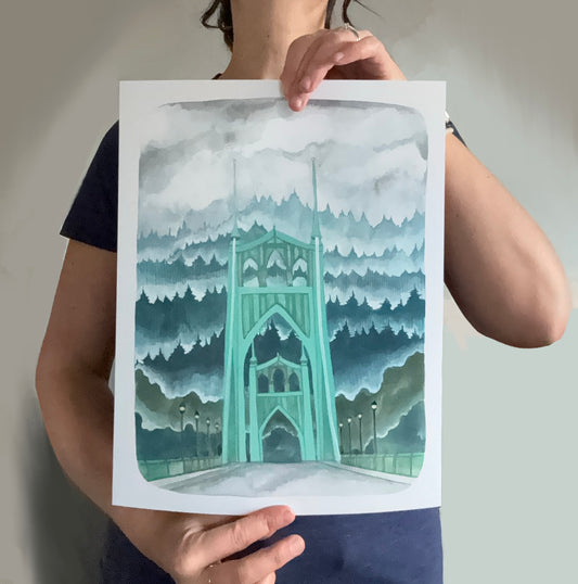 Portland Oregon Illustration of the St Johns Bridge with a Misty Forest (11x14)