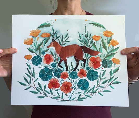 Red Fox Illustration Art Print with California Poppies and Nasturtium 11x14"