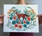 Red Fox Illustration Art Print with California Poppies and Nasturtium 11x14"
