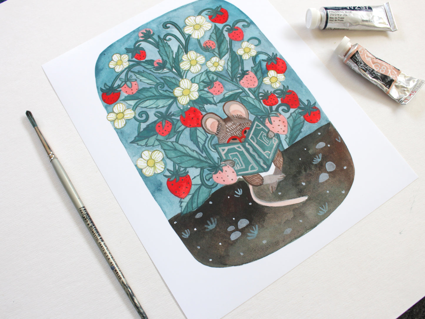 Mouse Reading a Book Under a Strawberry Patch 8x10 Print