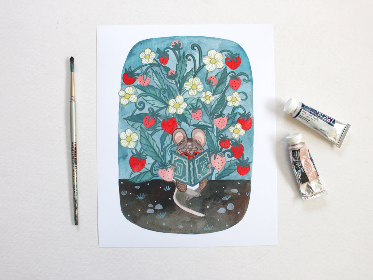 Mouse Reading a Book Under a Strawberry Patch 8x10 Print