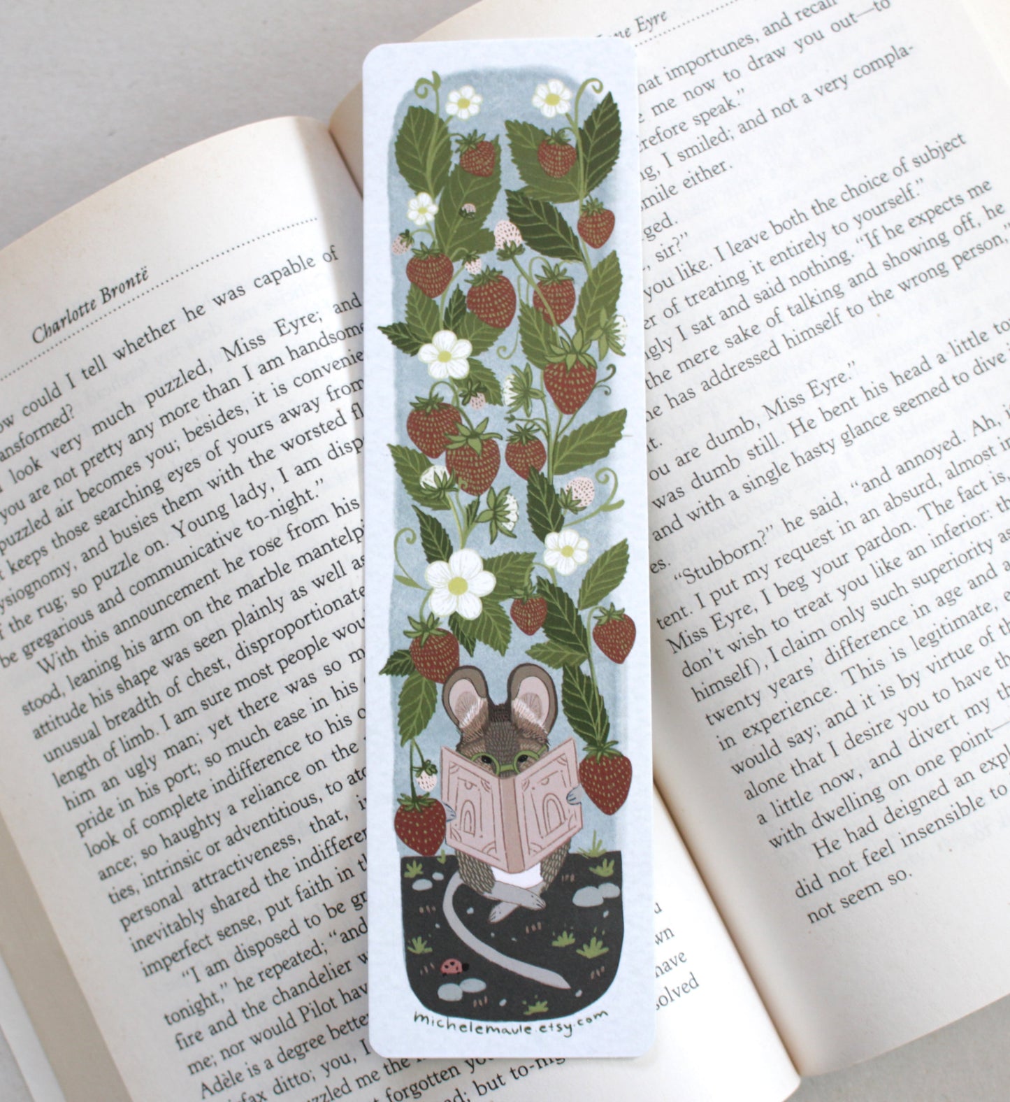 Mouse and Strawberries Two Sided Illustrated Bookmark