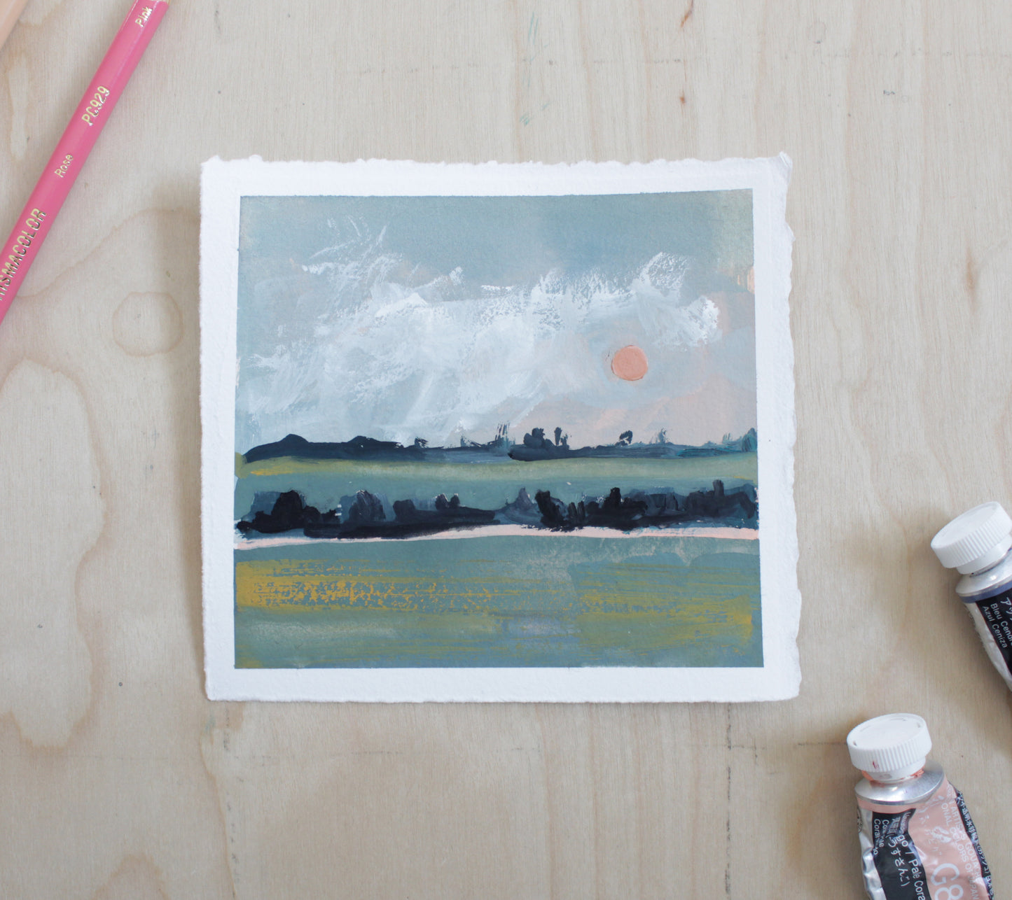 Pink Sun Original Gouache Study Painting