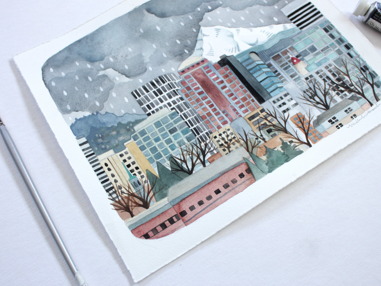 Original Hand Drawn Painting of Downtown Portland Oregon