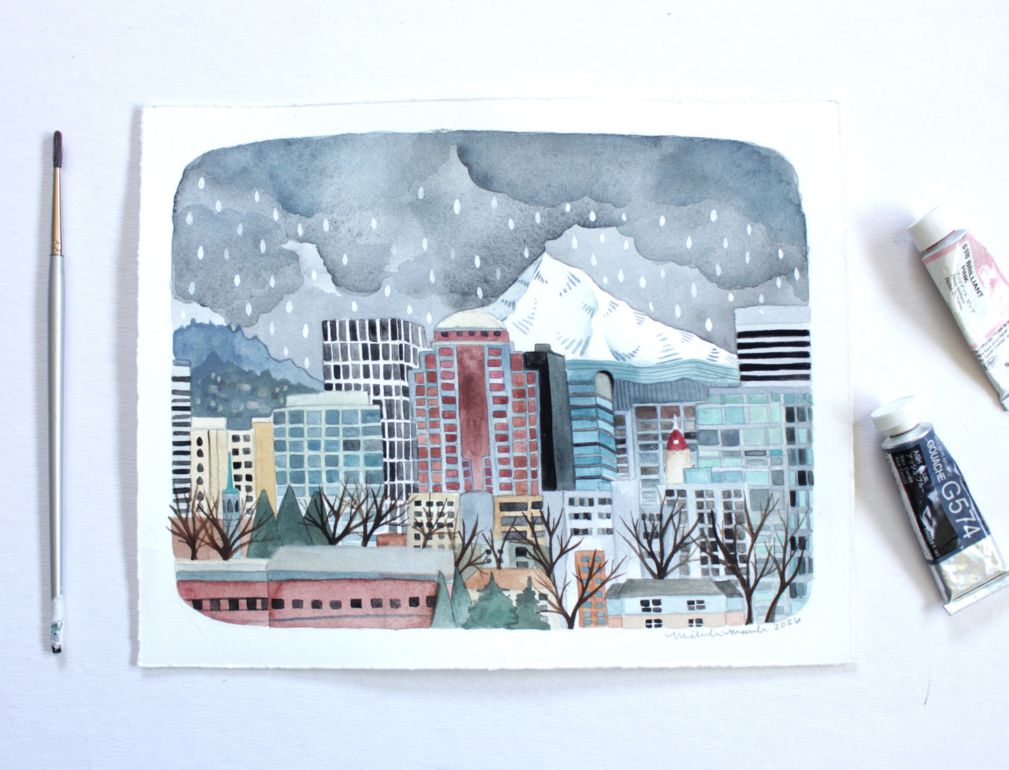 Original Hand Drawn Painting of Downtown Portland Oregon