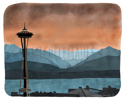 Hand Illustrated Seattle Art Print of the Space Needle