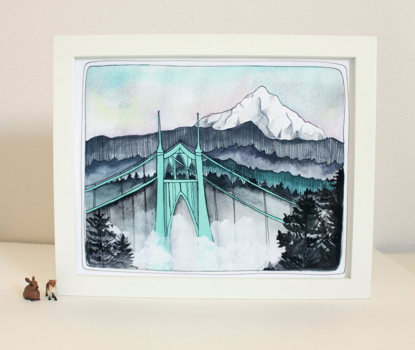 St Johns Bridge Illustration with Mt Hood - 8x10" Print