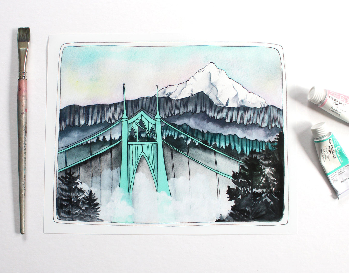 St Johns Bridge Illustration with Mt Hood - 8x10" Print
