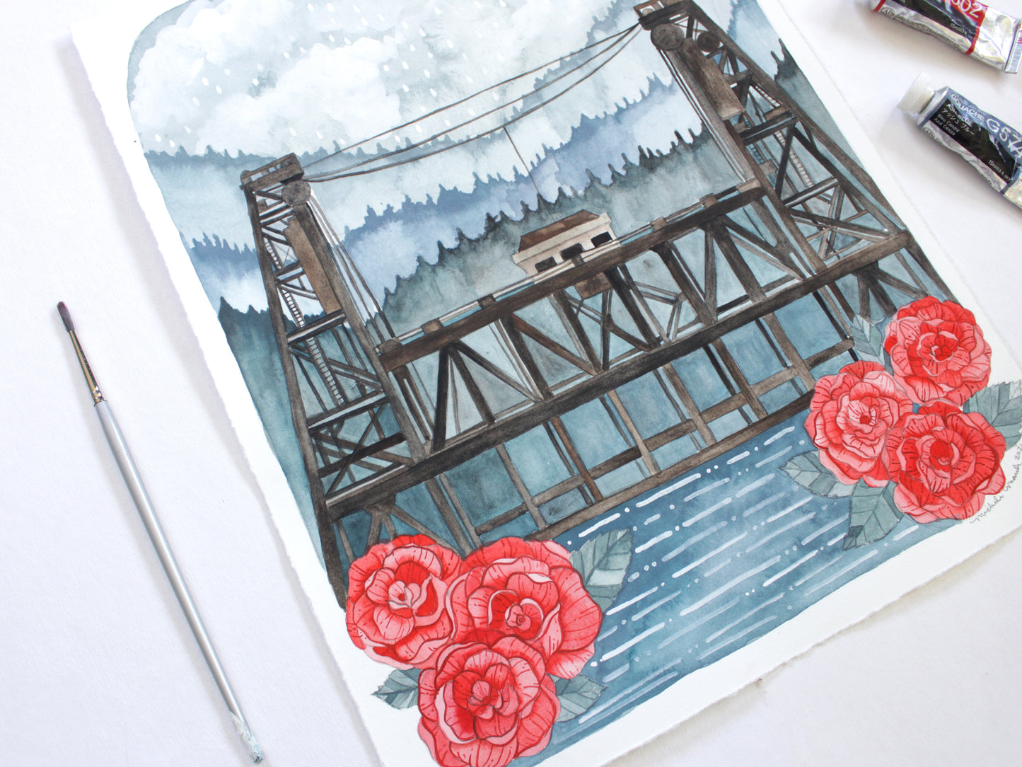 Hand Painted Painting of the Steel Bridge in Portland Oregon