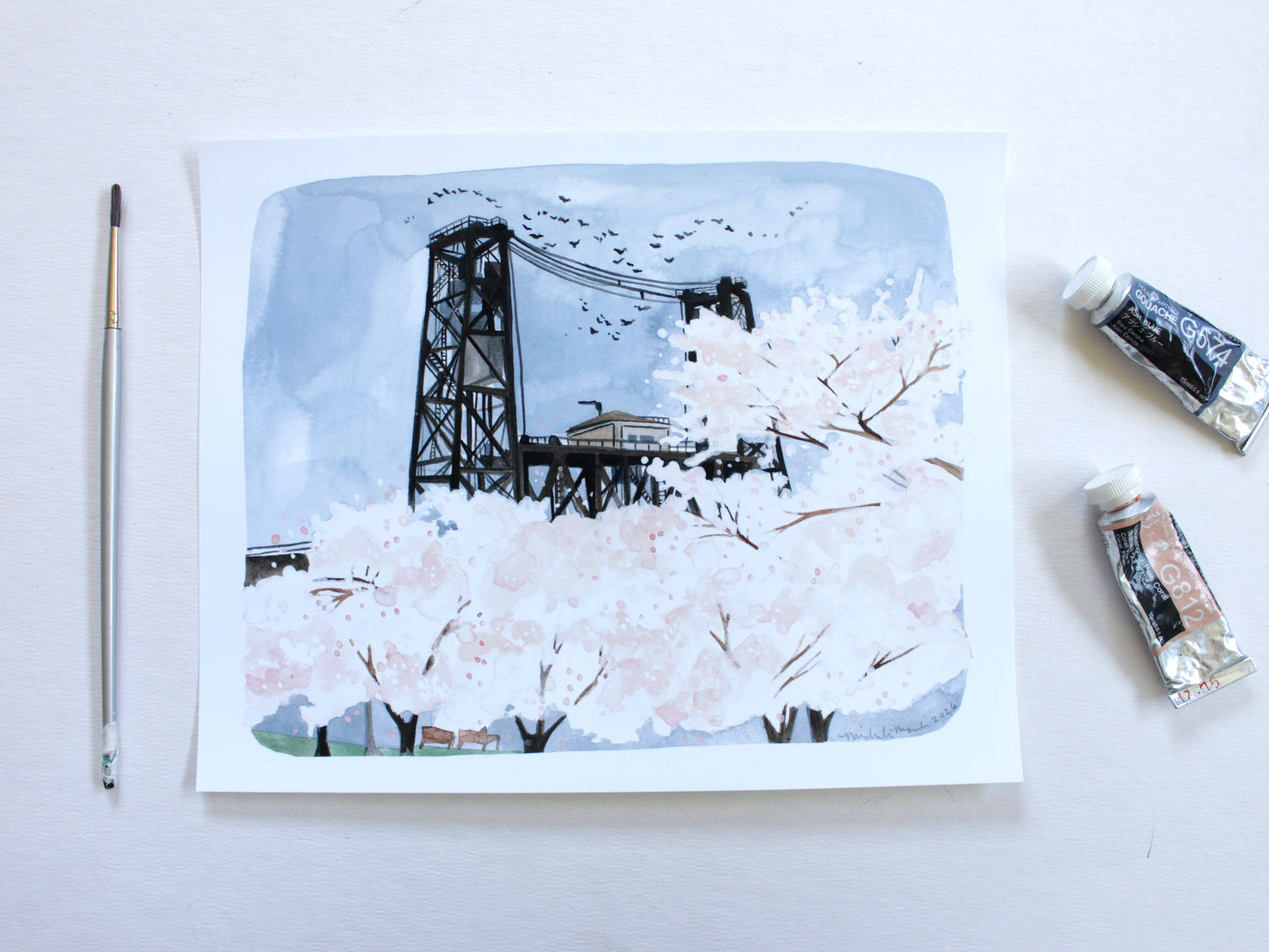 Portland Oregon Spring Steel Bridge Illustration Art Print