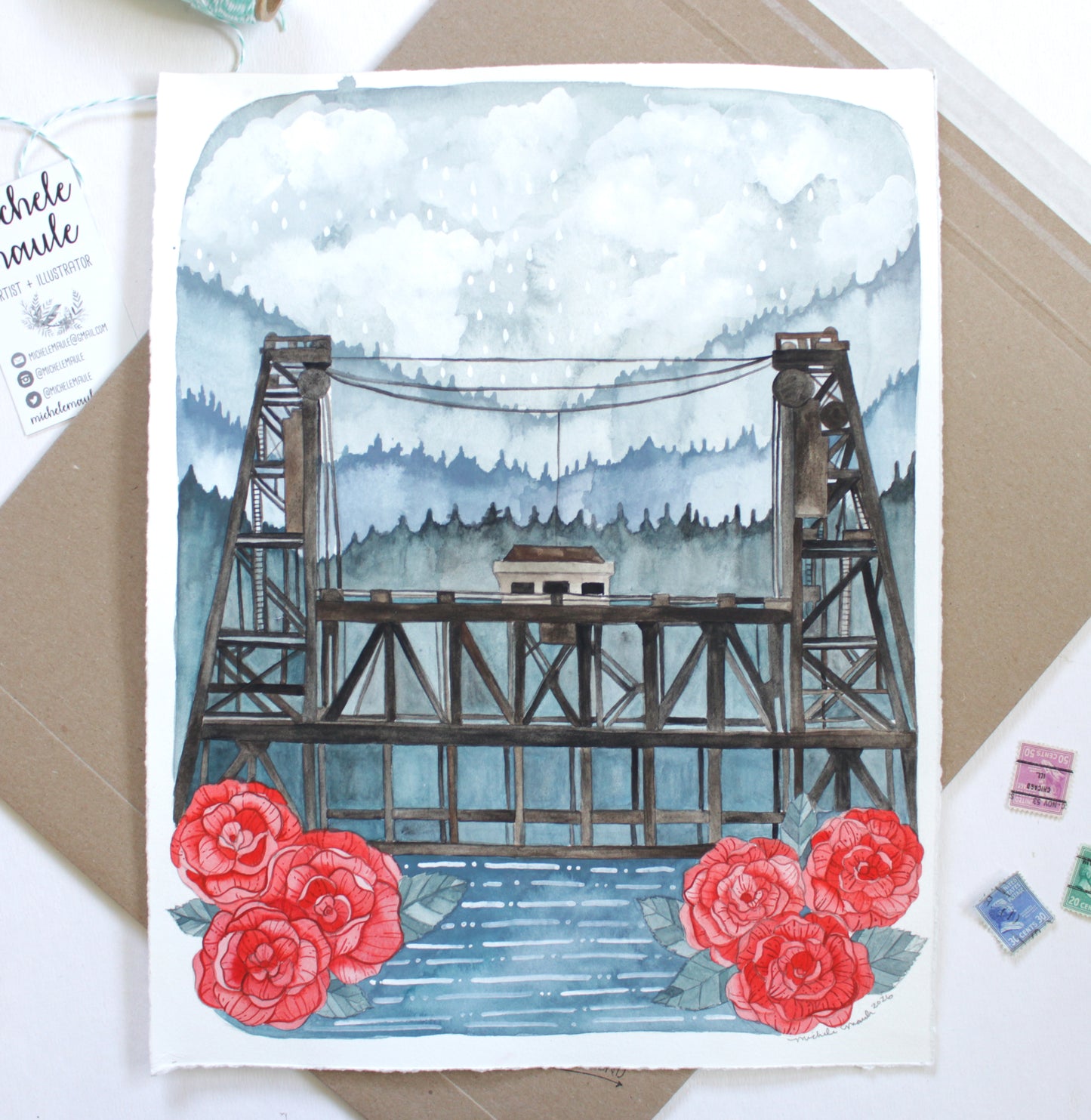 Hand Painted Painting of the Steel Bridge in Portland Oregon