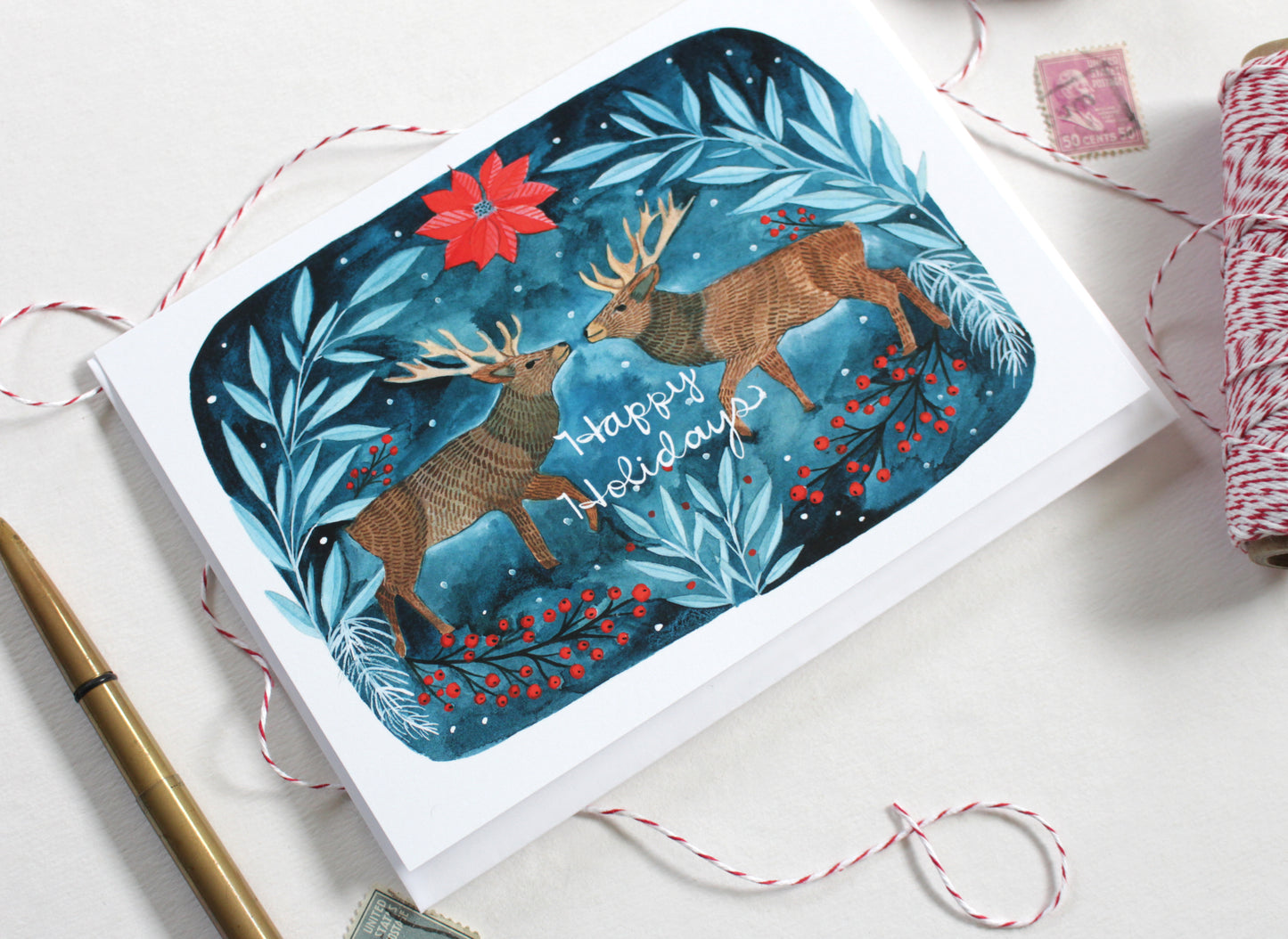 Happy Holidays Two Deer Blank Greeting Card