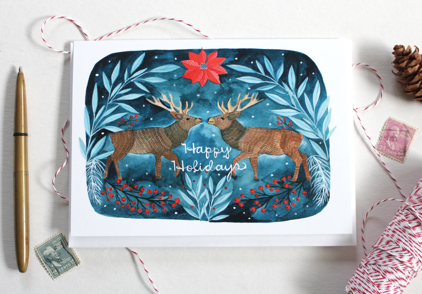 Happy Holidays Two Deer Blank Greeting Card