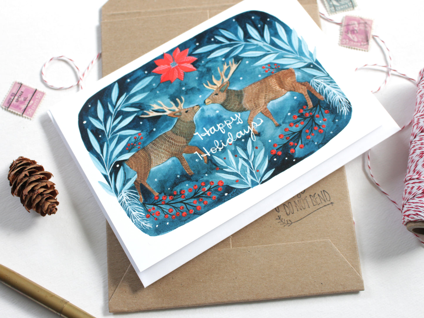 Happy Holidays Two Deer Blank Greeting Card