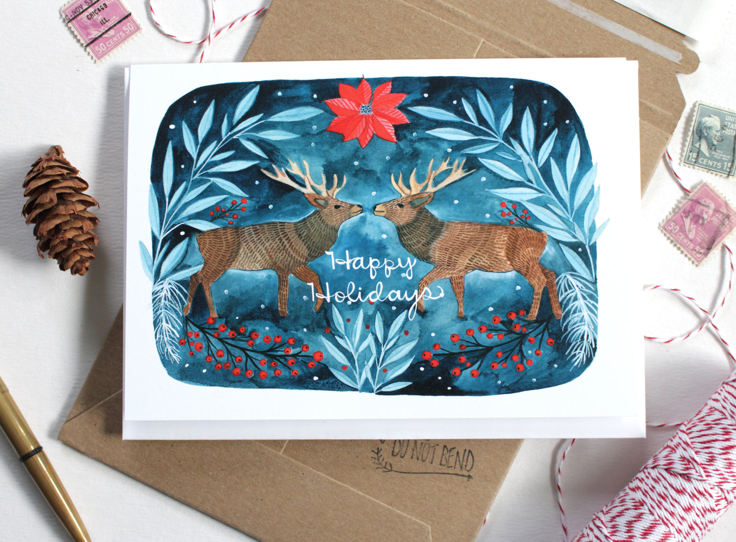 Happy Holidays Two Deer Blank Greeting Card