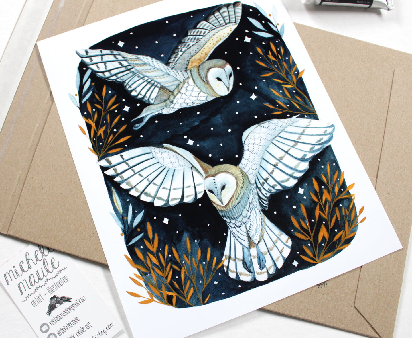 Painting of Two Winter Night White Owls 8x10 Art Print