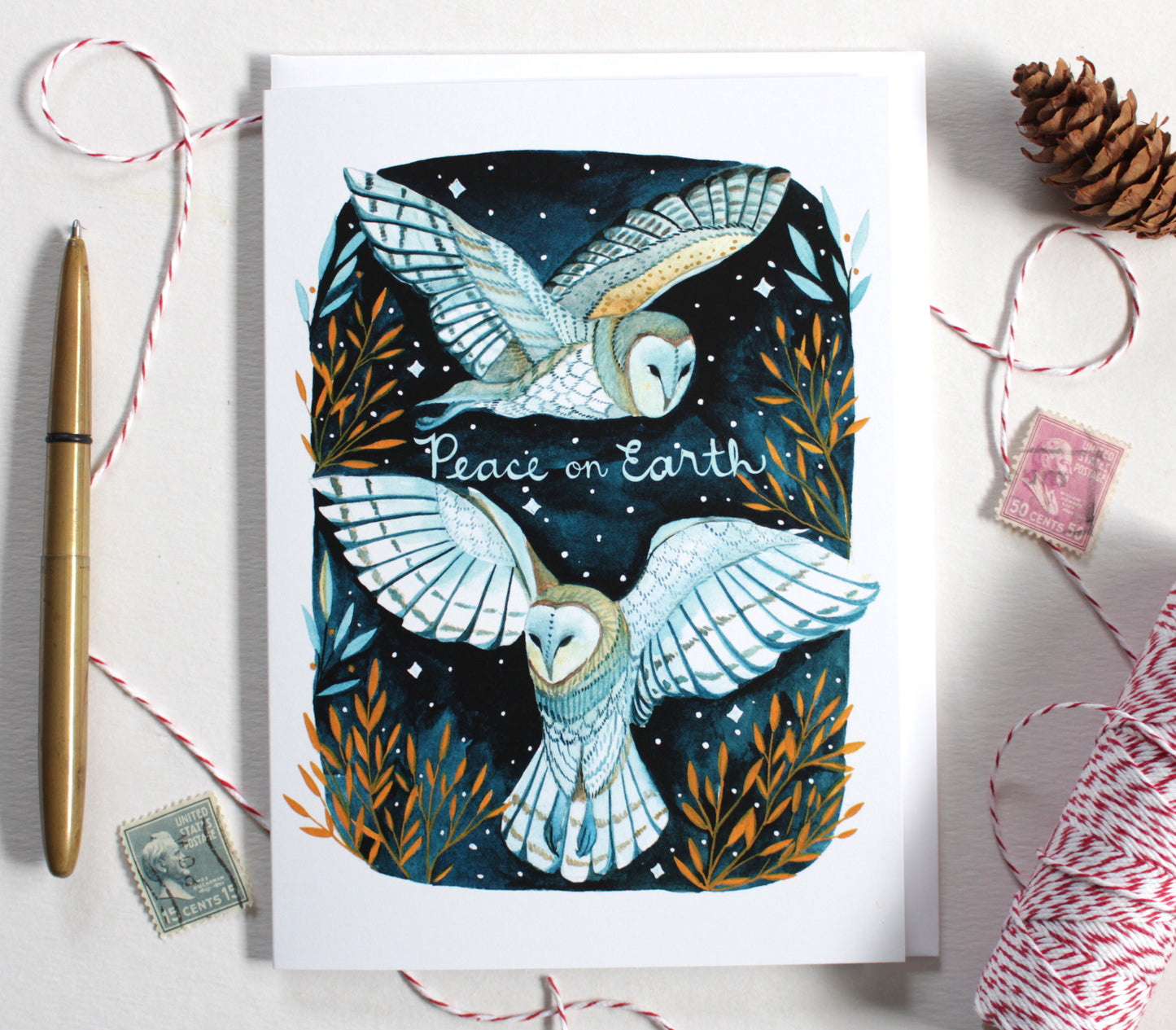 Hand Drawn White Owl Peace on Earth Greeting Card