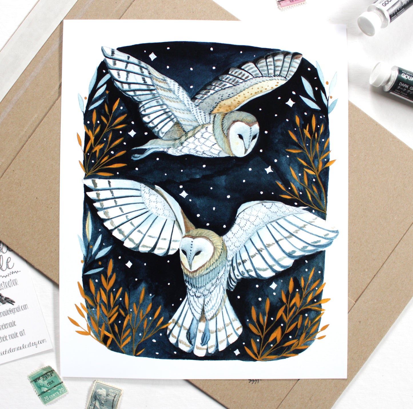 Painting of Two Winter Night White Owls 8x10 Art Print