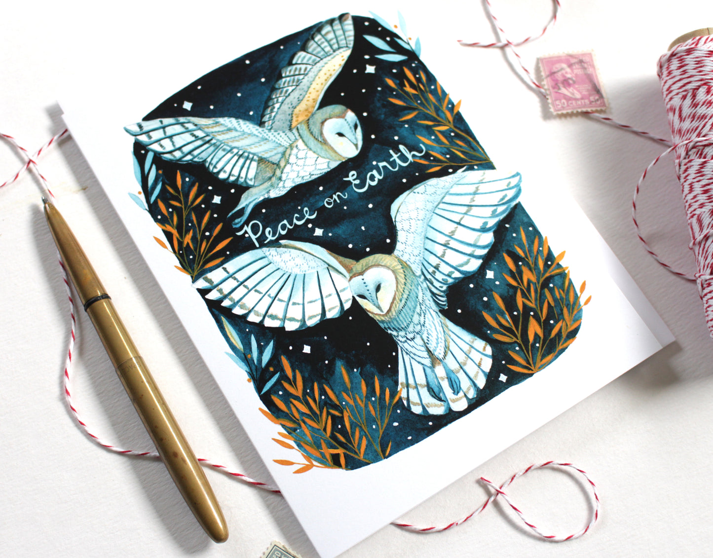 Hand Drawn White Owl Peace on Earth Greeting Card