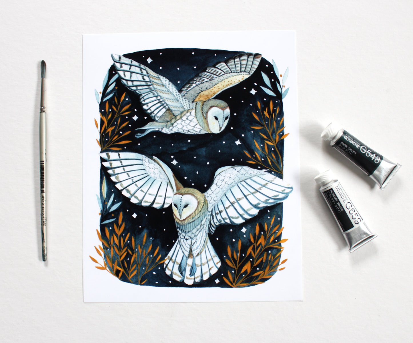 Painting of Two Winter Night White Owls 8x10 Art Print