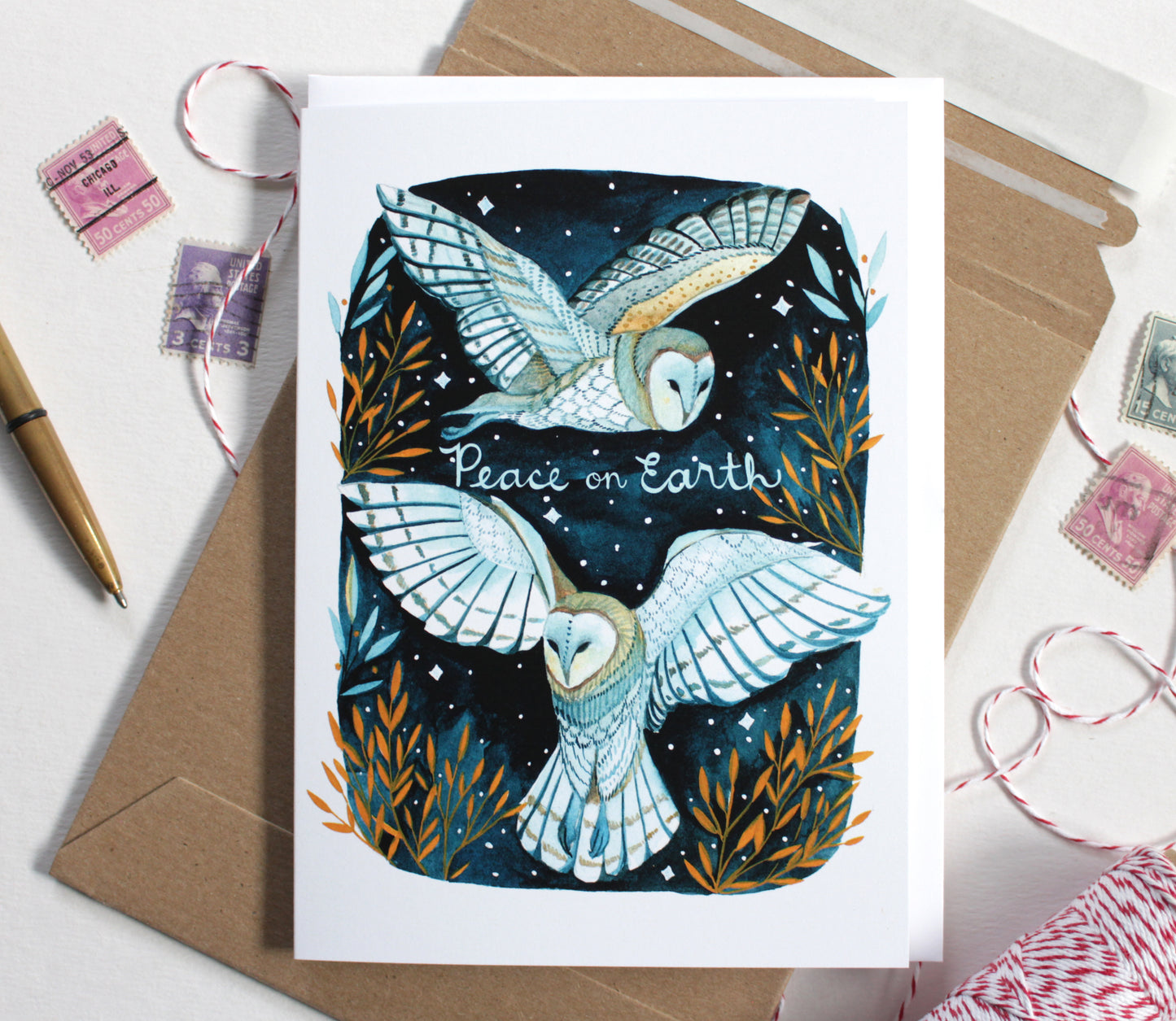 Hand Drawn White Owl Peace on Earth Greeting Card