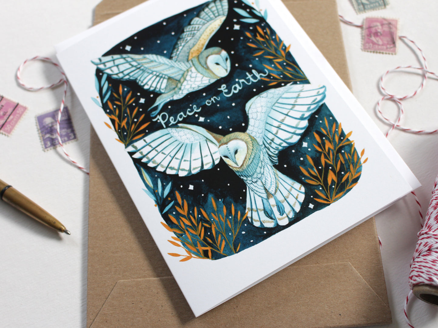 Hand Drawn White Owl Peace on Earth Greeting Card