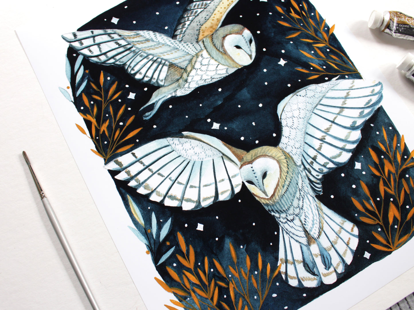 Hand Drawn and Painted Two White Barn Owls at Night