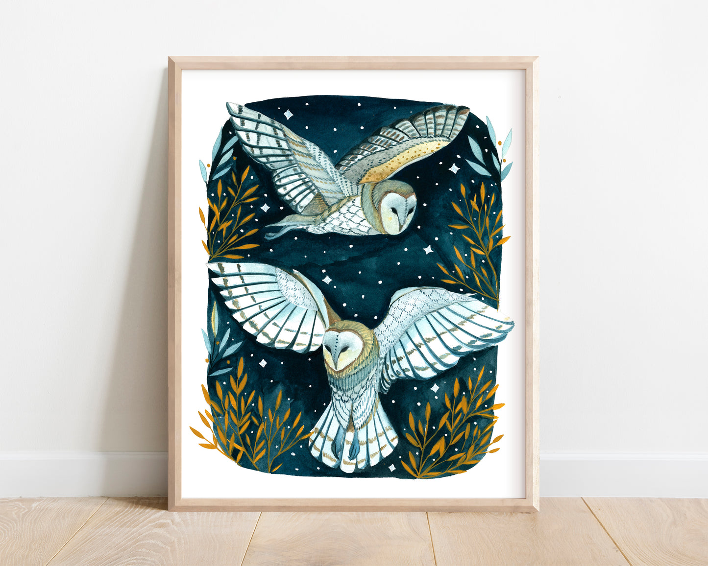 Painting of Two Winter Night White Owls 8x10 Art Print