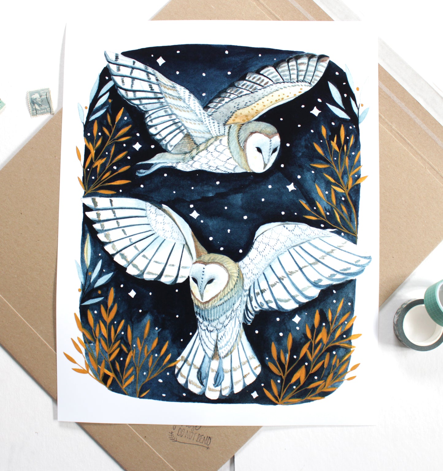 Hand Drawn and Painted Two White Barn Owls at Night