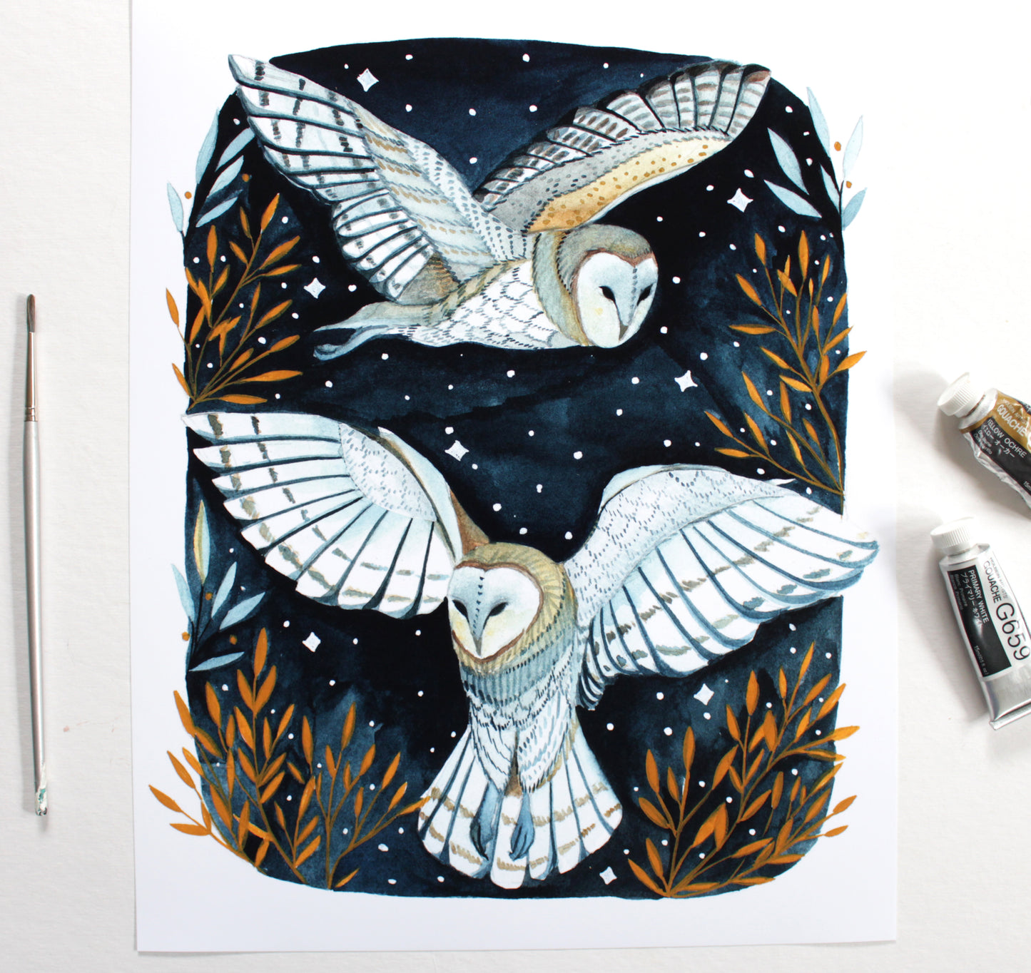 Hand Drawn and Painted Two White Barn Owls at Night