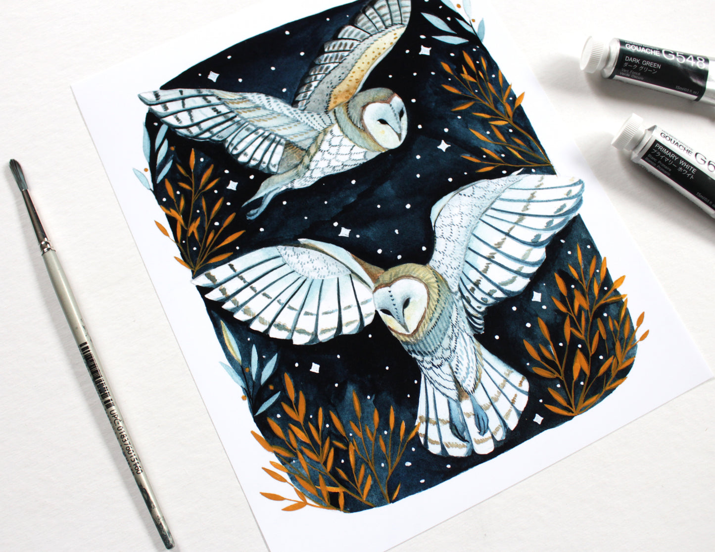 Painting of Two Winter Night White Owls 8x10 Art Print